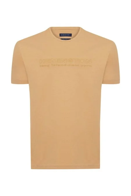 Hemington Kabartma Baskılı Kum Rengi Pima Pamuk T-Shirt