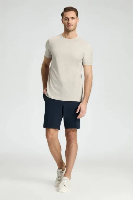 Hemington Baskılı Merserize Pamuk Açık Bej Bisiklet Yaka T-Shirt