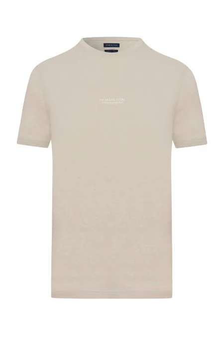 Hemington Baskılı Merserize Pamuk Açık Bej Bisiklet Yaka T-Shirt