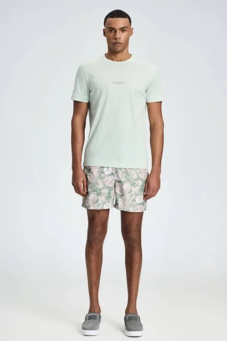 Hemington Baskılı Merserize Pamuk Açık Yeşil Bisiklet Yaka T-Shirt