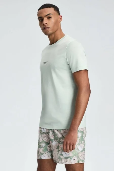 Hemington Baskılı Merserize Pamuk Açık Yeşil Bisiklet Yaka T-Shirt