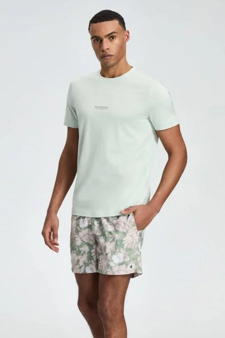 Hemington Baskılı Merserize Pamuk Açık Yeşil Bisiklet Yaka T-Shirt