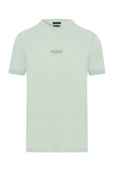 Hemington Baskılı Merserize Pamuk Açık Yeşil Bisiklet Yaka T-Shirt
