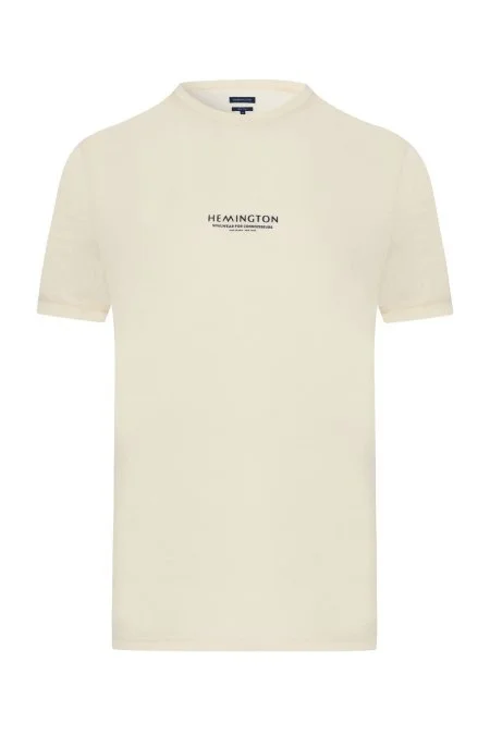 Hemington Baskılı Merserize Pamuk Krem Rengi Bisiklet Yaka T-Shirt