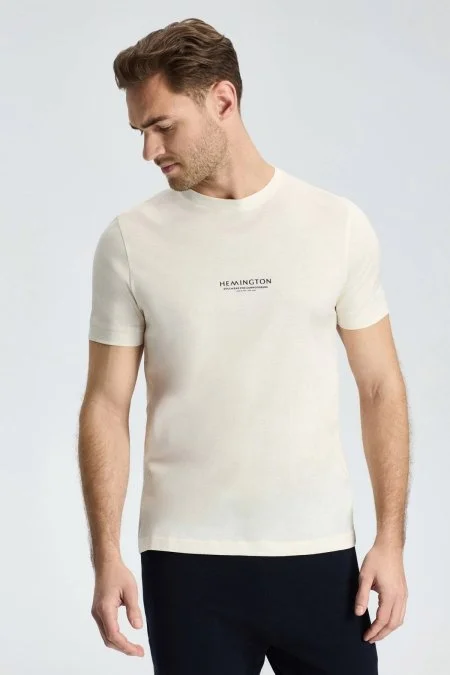 Hemington Baskılı Merserize Pamuk Krem Rengi Bisiklet Yaka T-Shirt