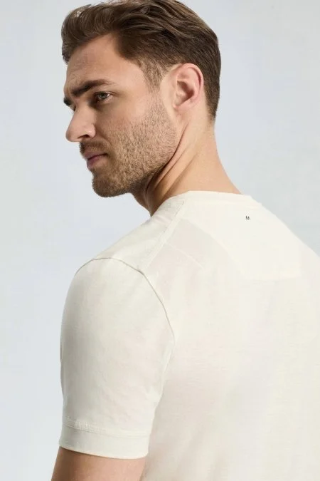 Hemington Baskılı Merserize Pamuk Krem Rengi Bisiklet Yaka T-Shirt