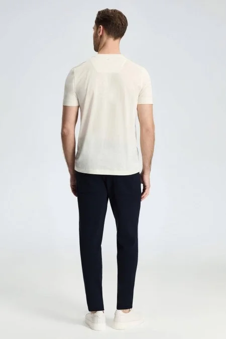 Hemington Baskılı Merserize Pamuk Krem Rengi Bisiklet Yaka T-Shirt