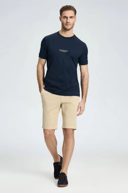 Hemington Baskılı Merserize Pamuk Lacivert Bisiklet Yaka T-Shirt