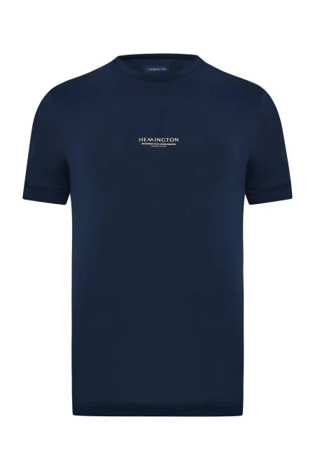 Hemington Baskılı Merserize Pamuk Lacivert Bisiklet Yaka T-Shirt