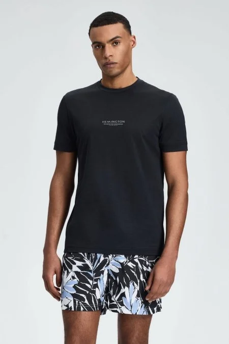 Hemington Baskılı Merserize Pamuk Siyah Bisiklet Yaka T-Shirt
