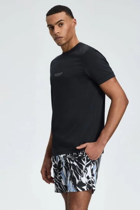 Hemington Baskılı Merserize Pamuk Siyah Bisiklet Yaka T-Shirt