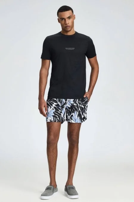 Hemington Baskılı Merserize Pamuk Siyah Bisiklet Yaka T-Shirt