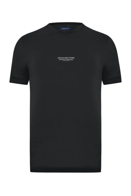 Hemington Baskılı Merserize Pamuk Siyah Bisiklet Yaka T-Shirt