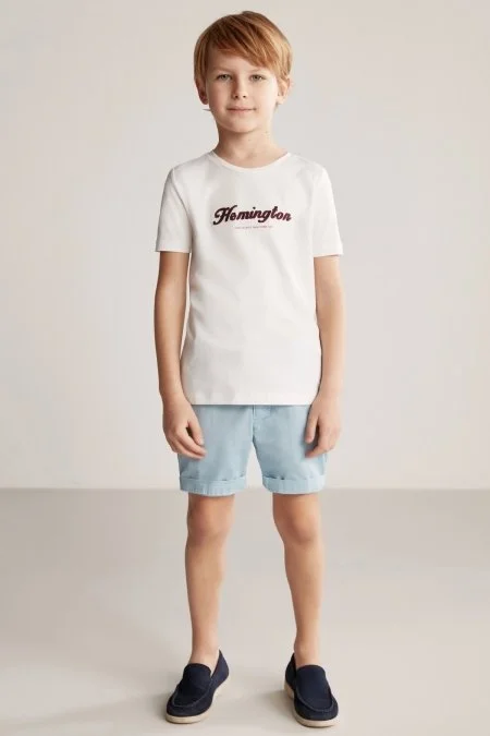 Hemington Logolu Bisiklet Yaka Beyaz Pamuk Çocuk T-Shirt