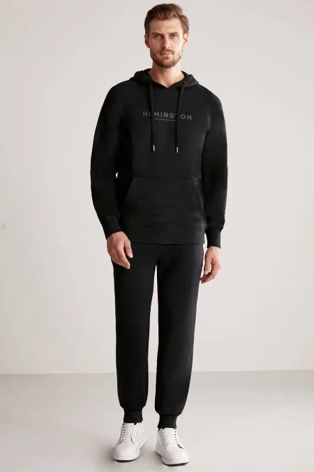 Hemington Logolu Kapüşonlu Siyah Hoody