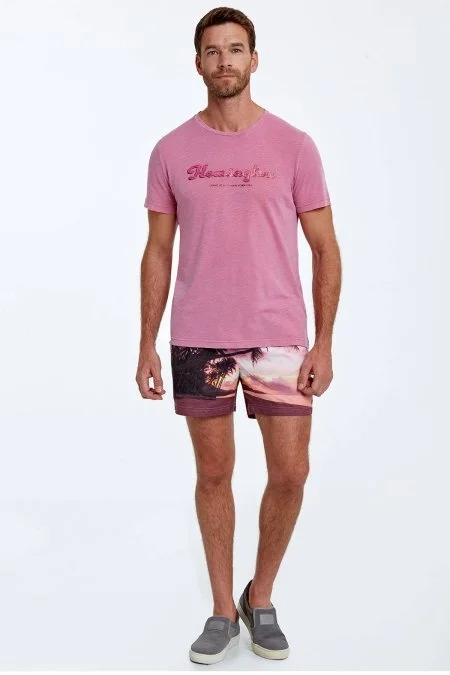 Hemington Nakış Logolu Bisiklet Yaka Pembe Pamuk T-Shirt