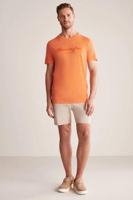 Hemington Nakış Logolu Bisiklet Yaka Turuncu Pamuk T-Shirt