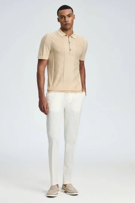 İpek Karışım Ajur Örgü Detaylı Açık Bej Triko Polo