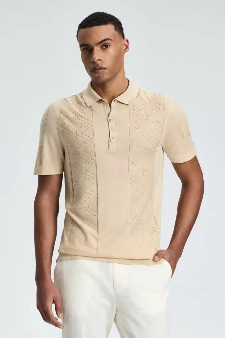 İpek Karışım Ajur Örgü Detaylı Açık Bej Triko Polo