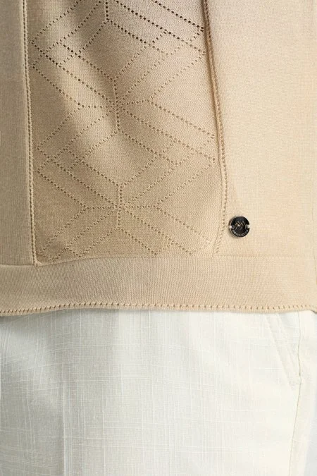 İpek Karışım Ajur Örgü Detaylı Açık Bej Triko Polo