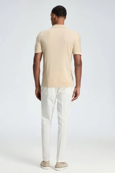 İpek Karışım Ajur Örgü Detaylı Açık Bej Triko Polo