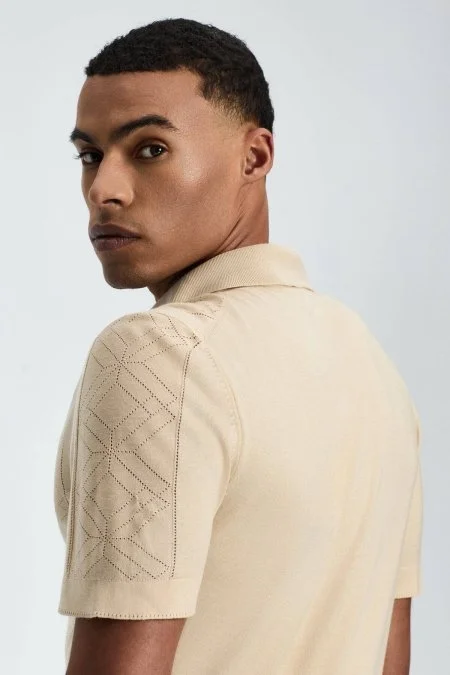 İpek Karışım Ajur Örgü Detaylı Açık Bej Triko Polo
