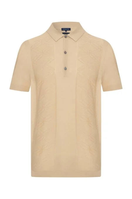 İpek Karışım Ajur Örgü Detaylı Açık Bej Triko Polo