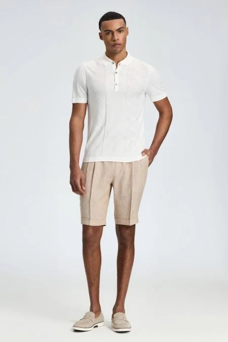 İpek Karışım Ajur Örgü Detaylı Kırık Beyaz Triko Polo