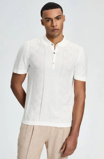 İpek Karışım Ajur Örgü Detaylı Kırık Beyaz Triko Polo