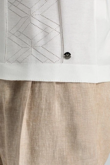 İpek Karışım Ajur Örgü Detaylı Kırık Beyaz Triko Polo