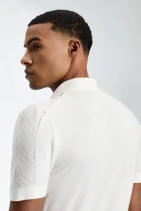 İpek Karışım Ajur Örgü Detaylı Kırık Beyaz Triko Polo