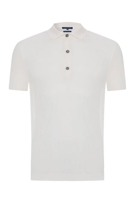 İpek Karışım Ajur Örgü Detaylı Kırık Beyaz Triko Polo