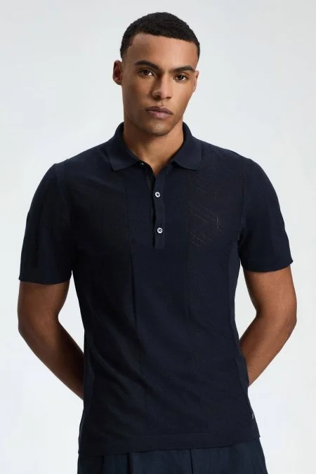 İpek Karışım Ajur Örgü Detaylı Lacivert Triko Polo