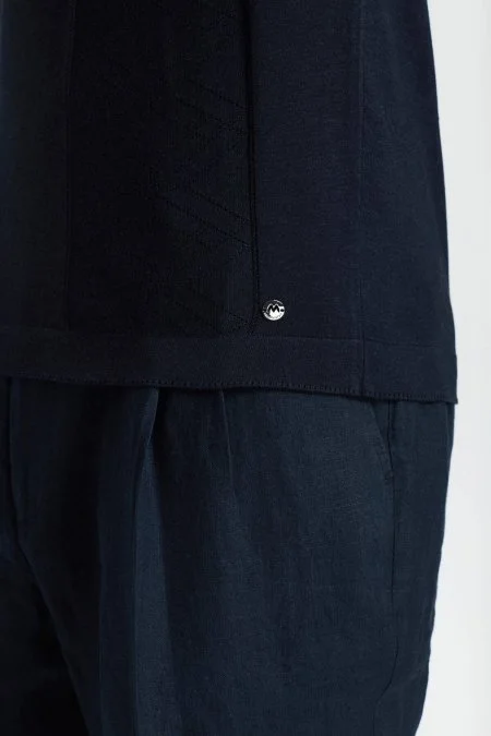 İpek Karışım Ajur Örgü Detaylı Lacivert Triko Polo