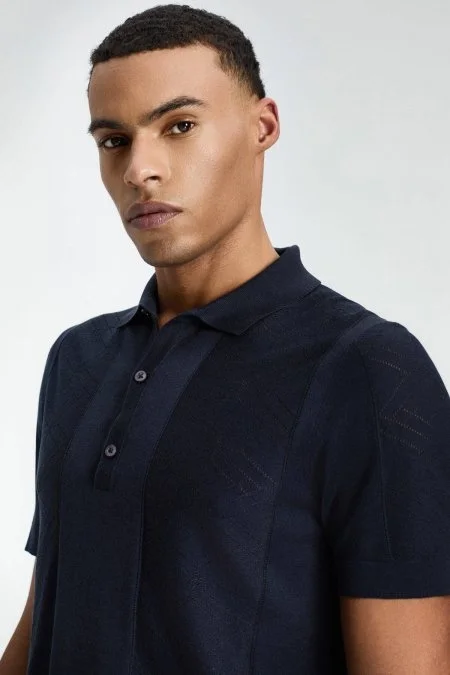 İpek Karışım Ajur Örgü Detaylı Lacivert Triko Polo