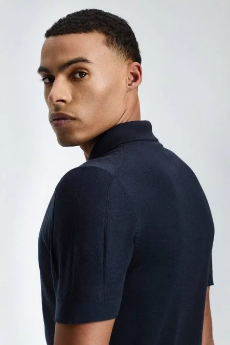 İpek Karışım Ajur Örgü Detaylı Lacivert Triko Polo