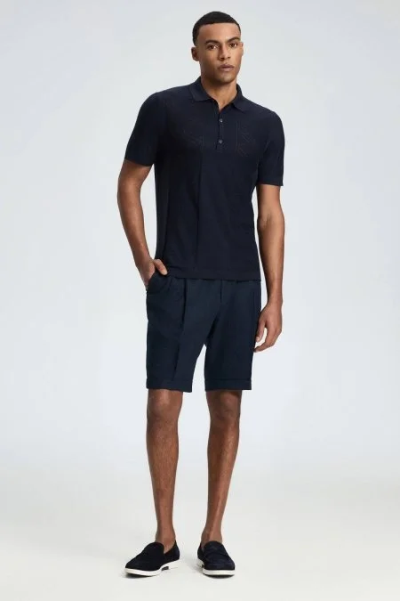 İpek Karışım Ajur Örgü Detaylı Lacivert Triko Polo