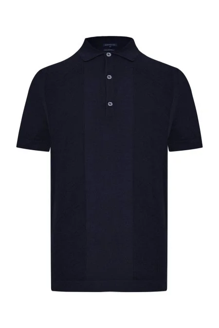 İpek Karışım Ajur Örgü Detaylı Lacivert Triko Polo