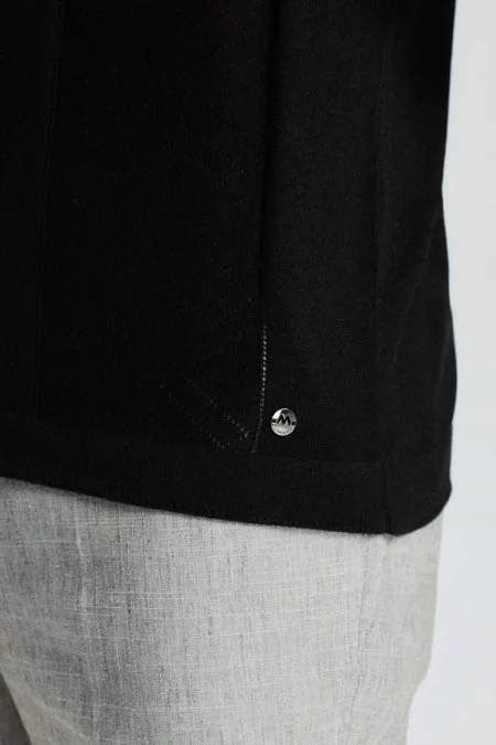 İpek Karışım Ajur Örgü Detaylı Siyah Triko Polo