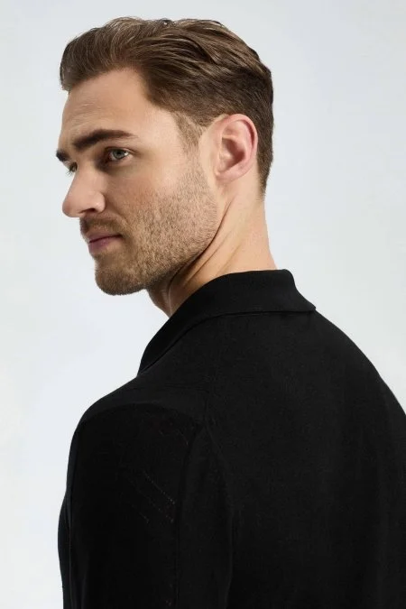 İpek Karışım Ajur Örgü Detaylı Siyah Triko Polo