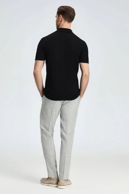 İpek Karışım Ajur Örgü Detaylı Siyah Triko Polo