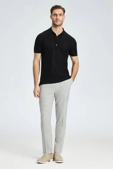 İpek Karışım Ajur Örgü Detaylı Siyah Triko Polo
