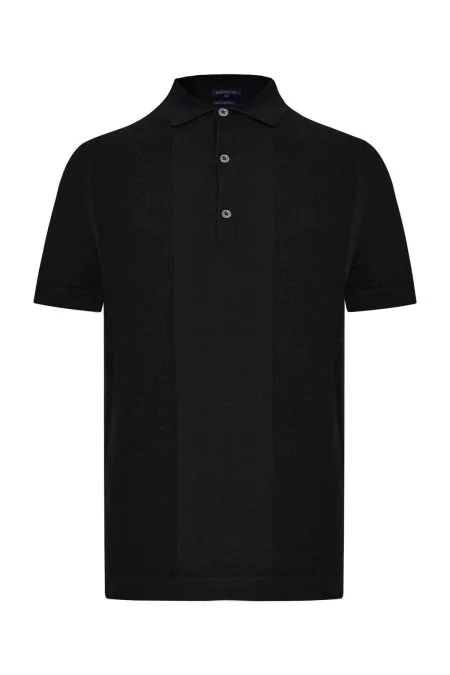 İpek Karışım Ajur Örgü Detaylı Siyah Triko Polo