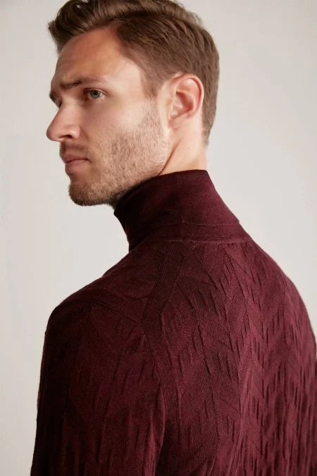İpek Karışım Boğazlı Yaka Bordo Merino Yün Triko