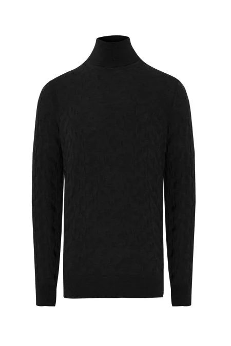 İpek Karışım Boğazlı Yaka Siyah Merino Yün Triko