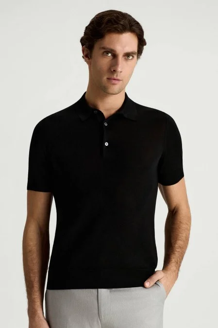 İpek Karışım Siyah Triko Polo