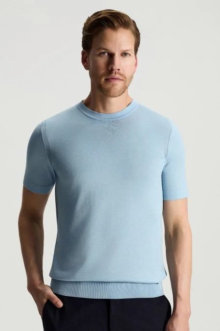 İpek Karışımlı Bisiklet Yaka Açık Mavi Triko T-Shirt