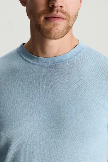 İpek Karışımlı Bisiklet Yaka Açık Mavi Triko T-Shirt