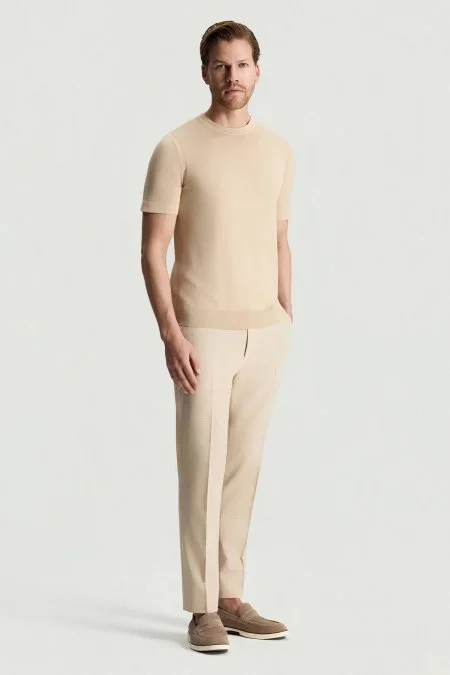 İpek Karışımlı Bisiklet Yaka Bej Triko T-Shirt