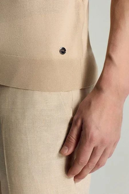 İpek Karışımlı Bisiklet Yaka Bej Triko T-Shirt